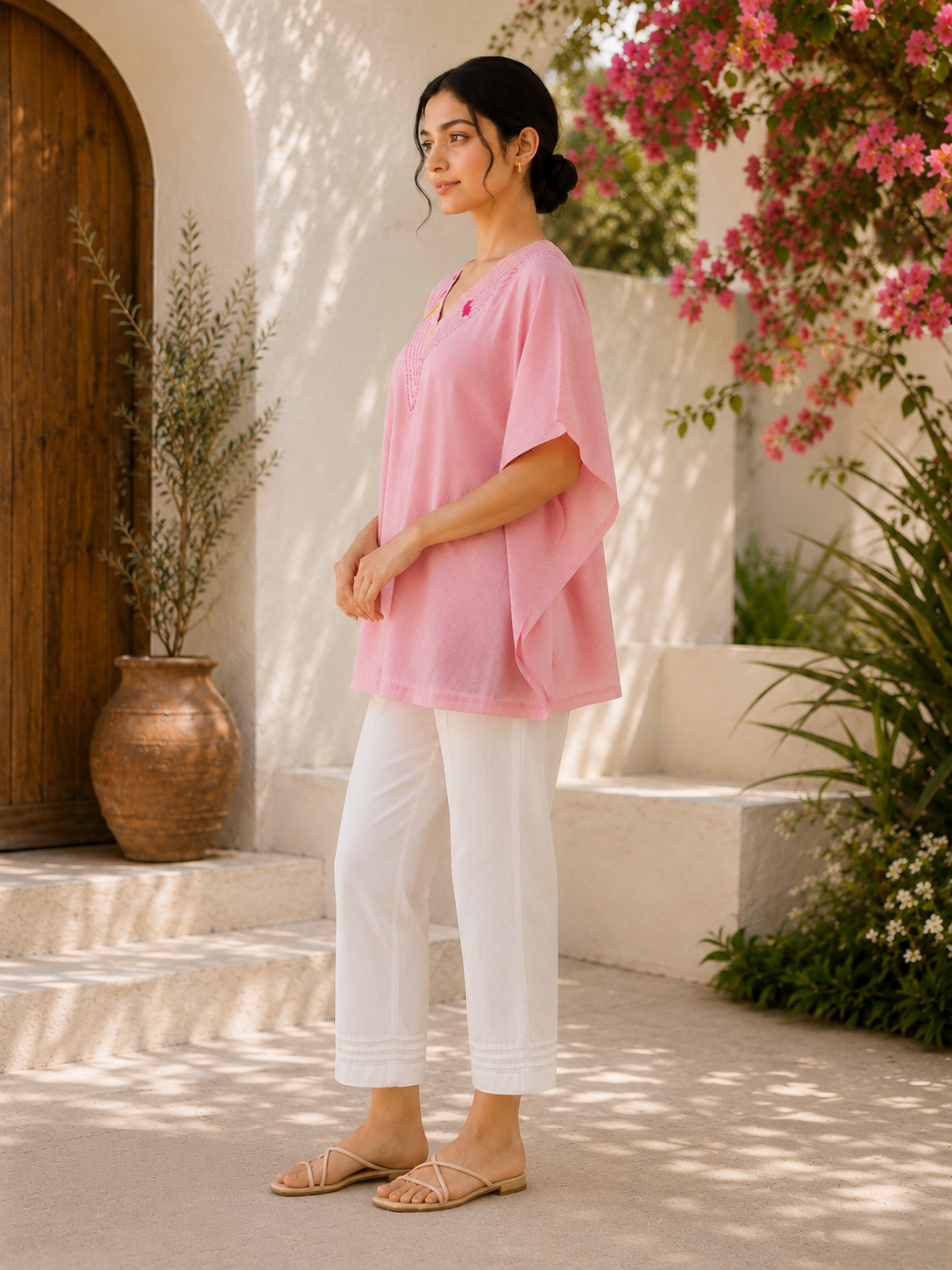 Soft Pink 100% Cotton Khaddar Kaftan with Hand-Embroidered Phulkari