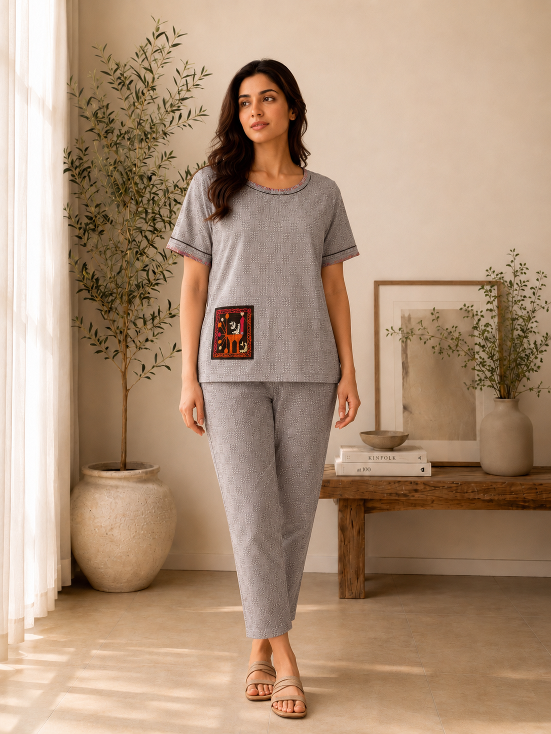 Grey Cotton Dobby Co-Ord Set with Hand-Embroidered Phulkari Pocket