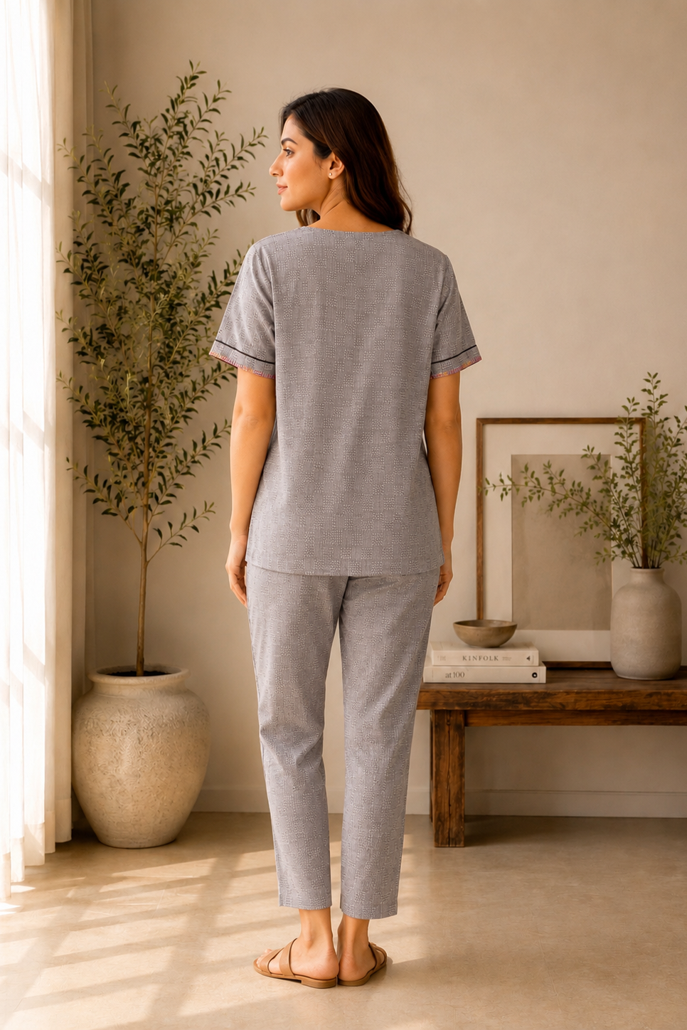 Grey Cotton Dobby Co-Ord Set with Hand-Embroidered Phulkari Pocket