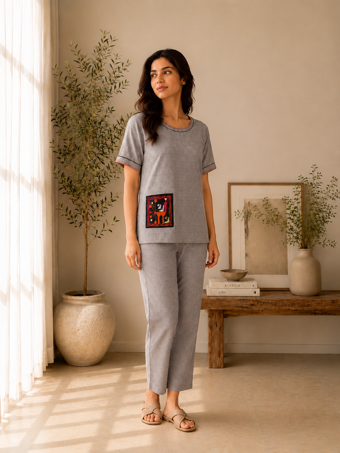 Grey Cotton Dobby Co-Ord Set with Hand-Embroidered Phulkari Pocket