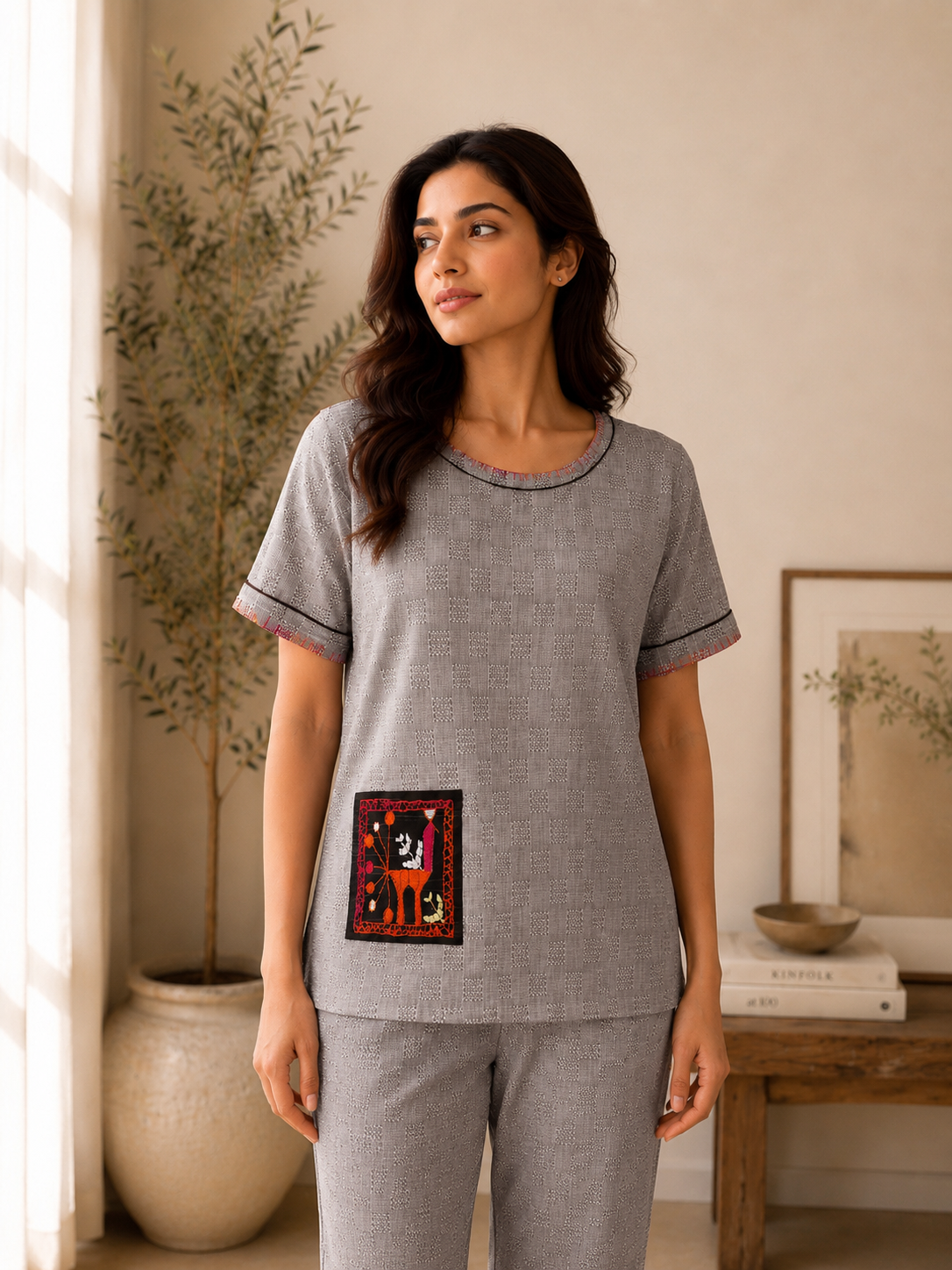 Grey Cotton Dobby Co-Ord Set with Hand-Embroidered Phulkari Pocket