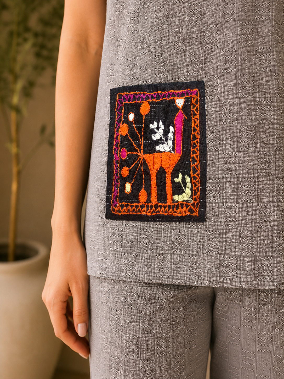 Grey Cotton Dobby Co-Ord Set with Hand-Embroidered Phulkari Pocket