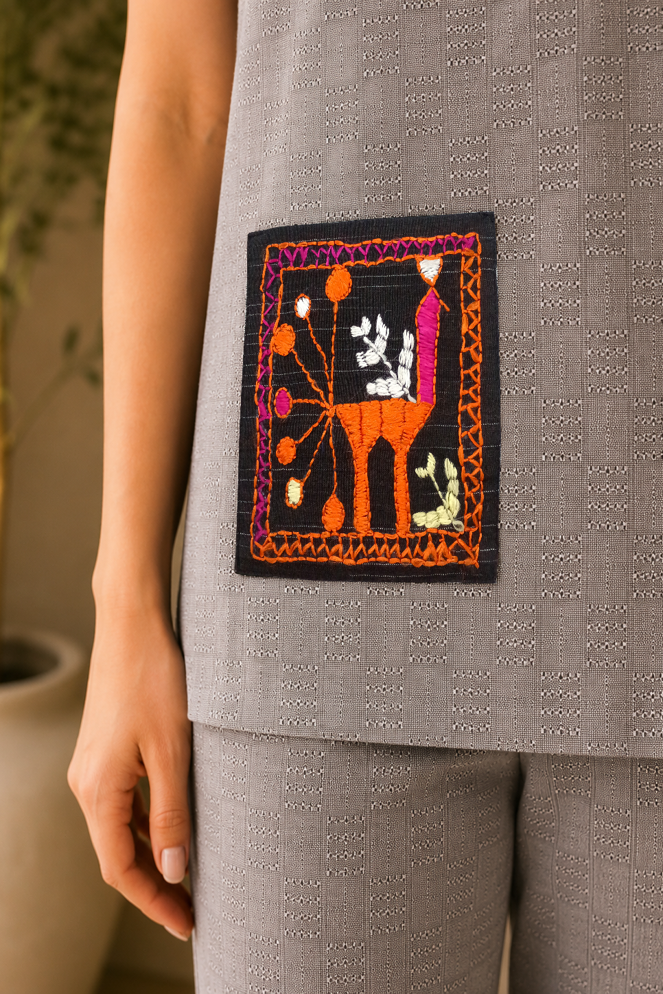 Grey Cotton Dobby Co-Ord Set with Hand-Embroidered Phulkari Pocket