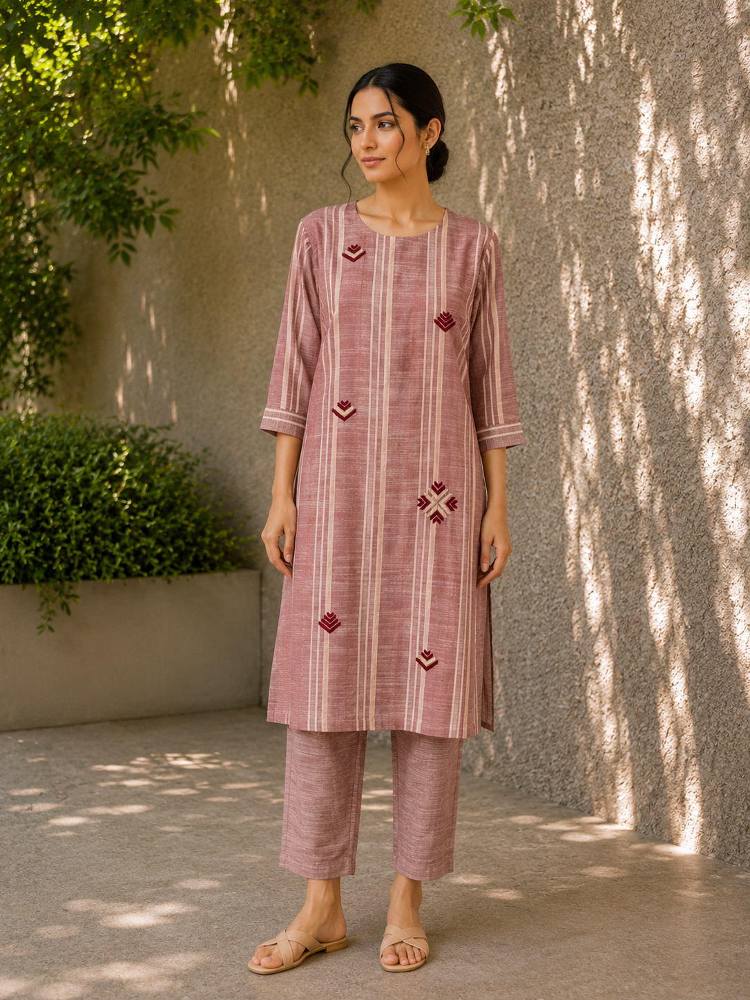 Rose Khaddar Cotton Kurta Set with Phulkari Motif