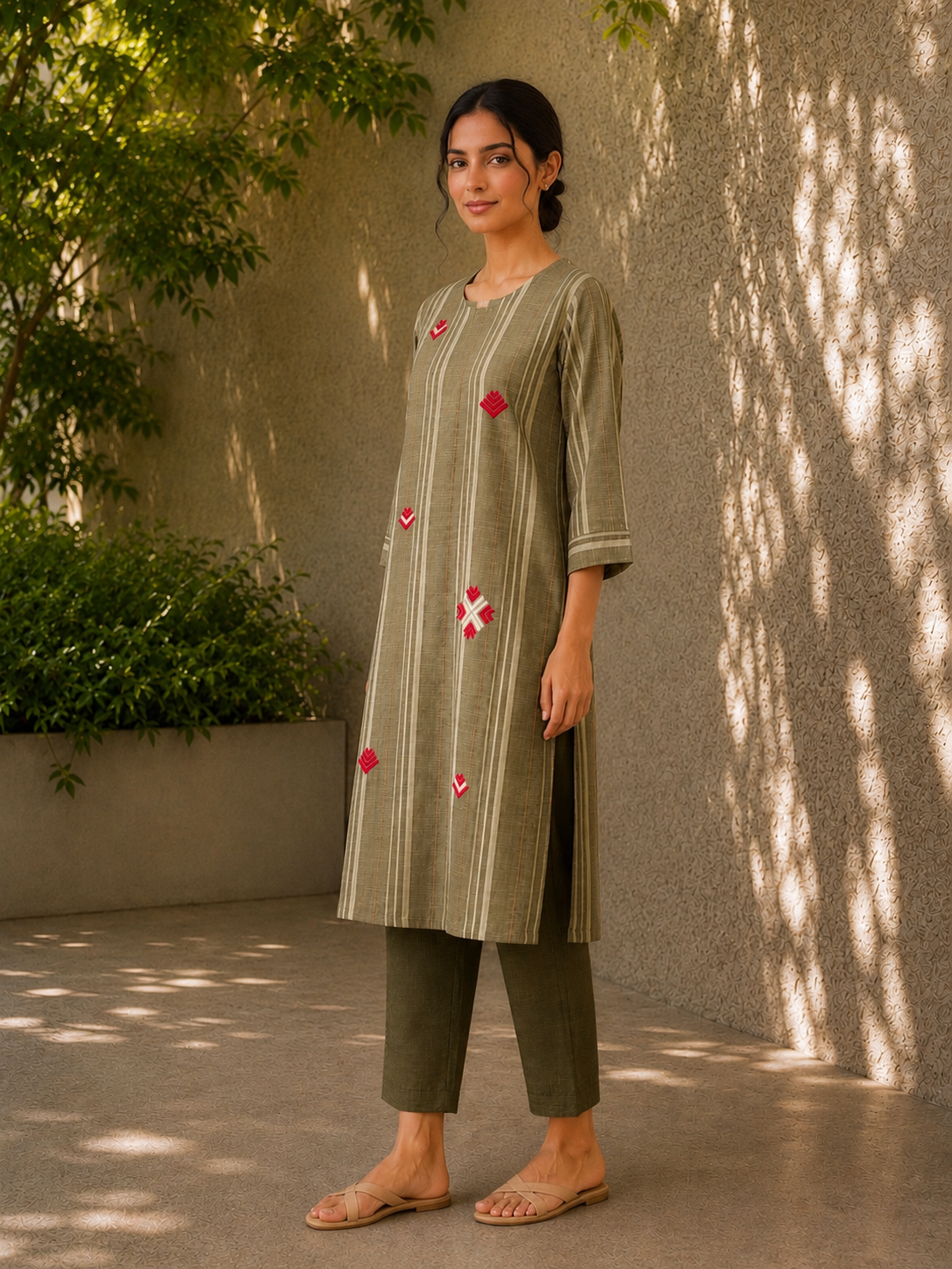 Olive Green Khaddar Cotton Kurta Set with Phulkari Motif