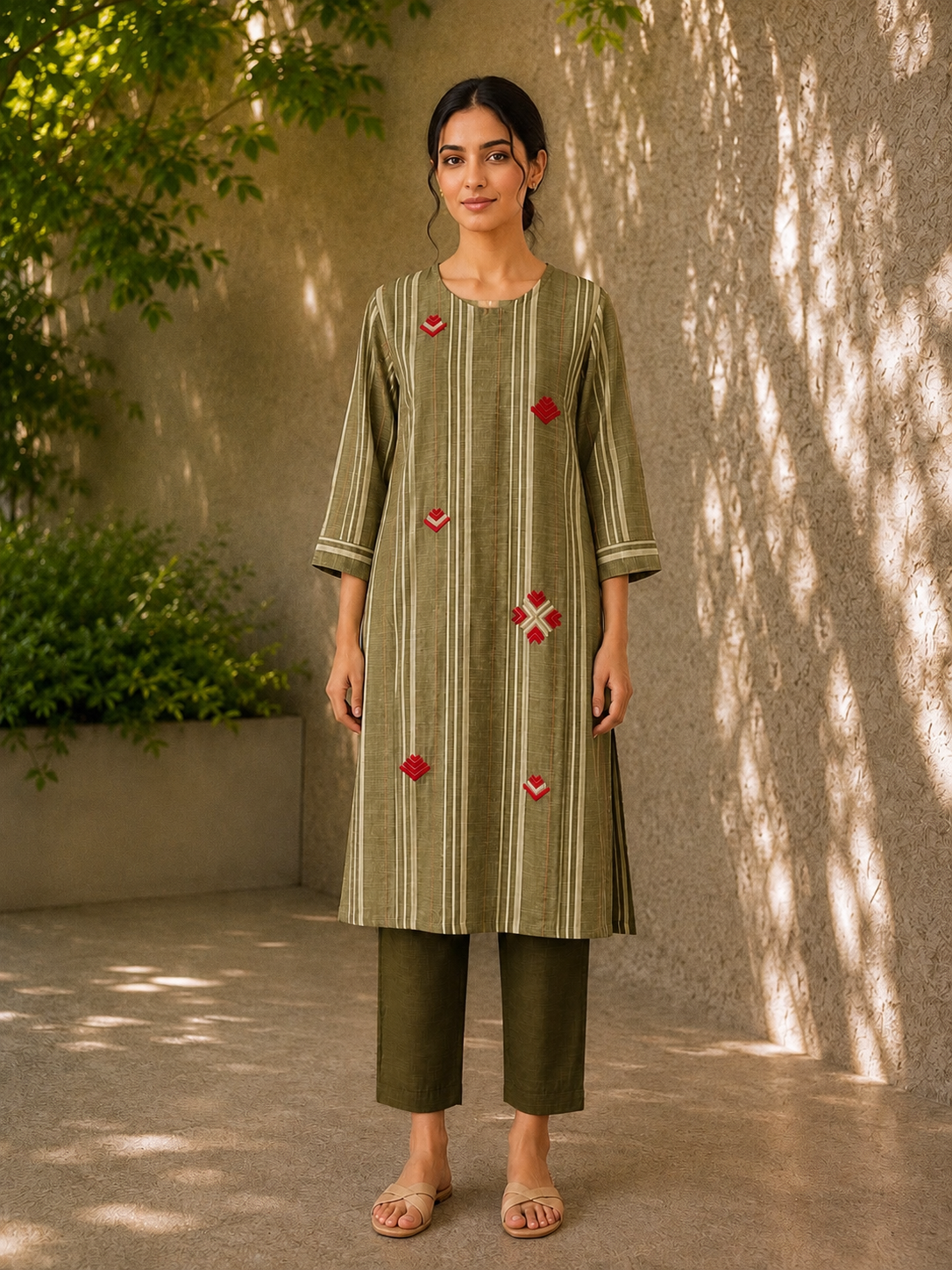 Olive Green Khaddar Cotton Kurta Set with Phulkari Motif