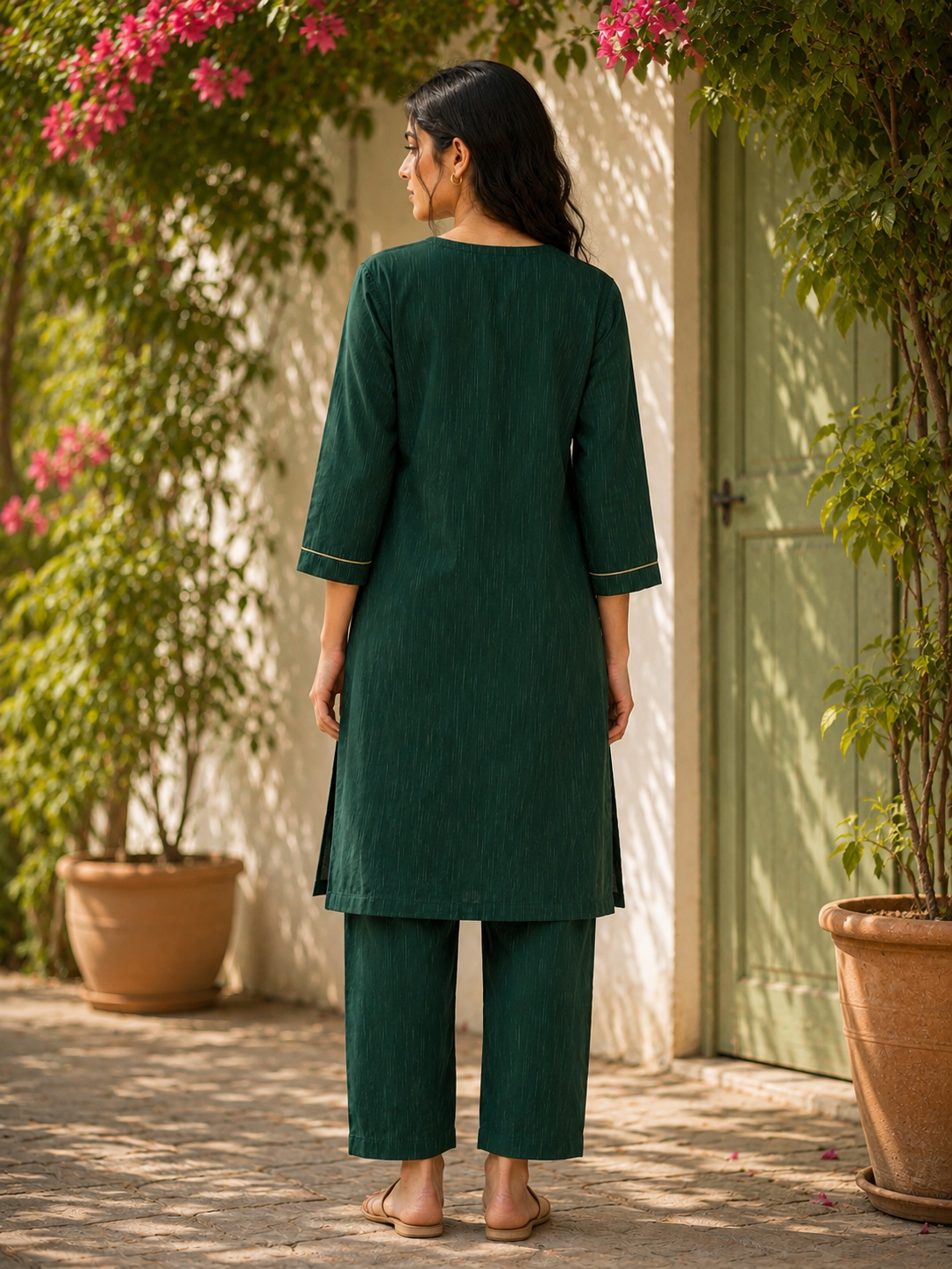 Hand-Embroidered Phulkari Cotton Kurta with Contrast Piping - Green