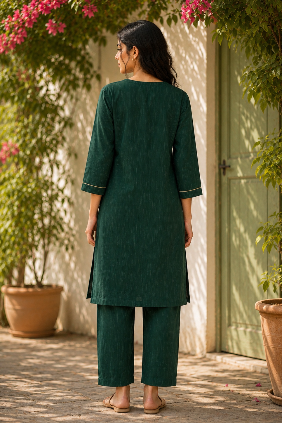 Hand-Embroidered Phulkari Cotton Kurta with Contrast Piping - Green