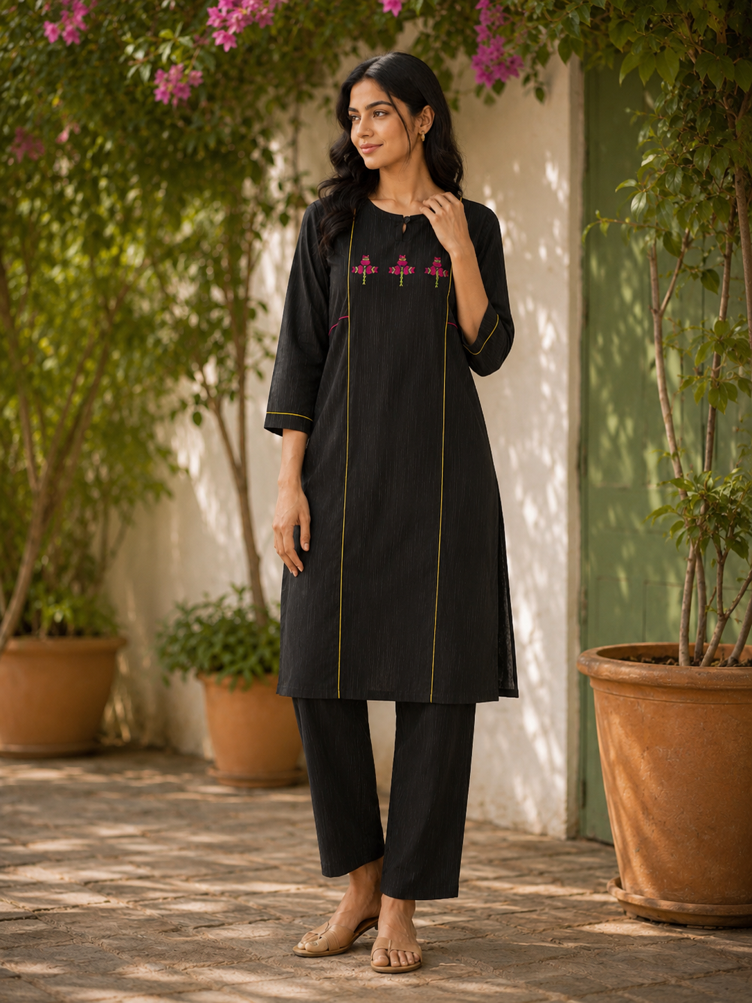 Hand-Embroidered Phulkari Cotton Kurta with Contrast Piping - Black