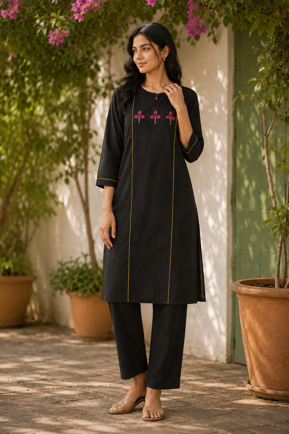 Hand-Embroidered Phulkari Cotton Kurta with Contrast Piping - Black