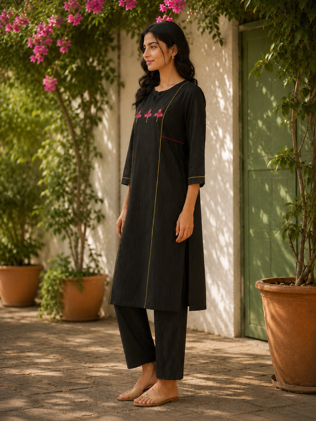 Hand-Embroidered Phulkari Cotton Kurta with Contrast Piping - Black