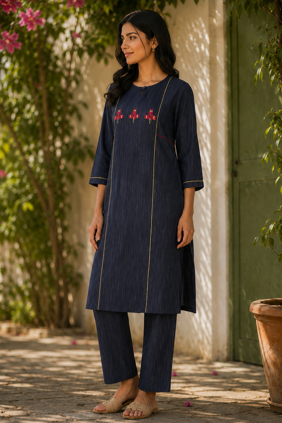Hand-Embroidered Phulkari Cotton Kurta with Contrast Piping - Navy Blue