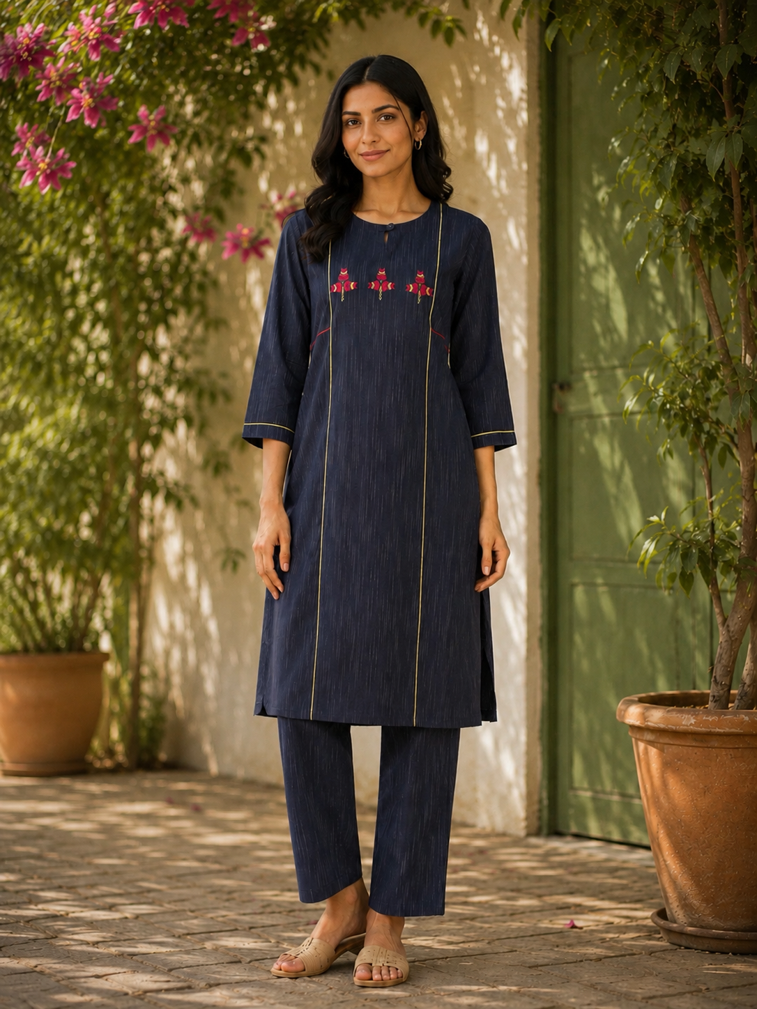 Hand-Embroidered Phulkari Cotton Kurta with Contrast Piping - Navy Blue