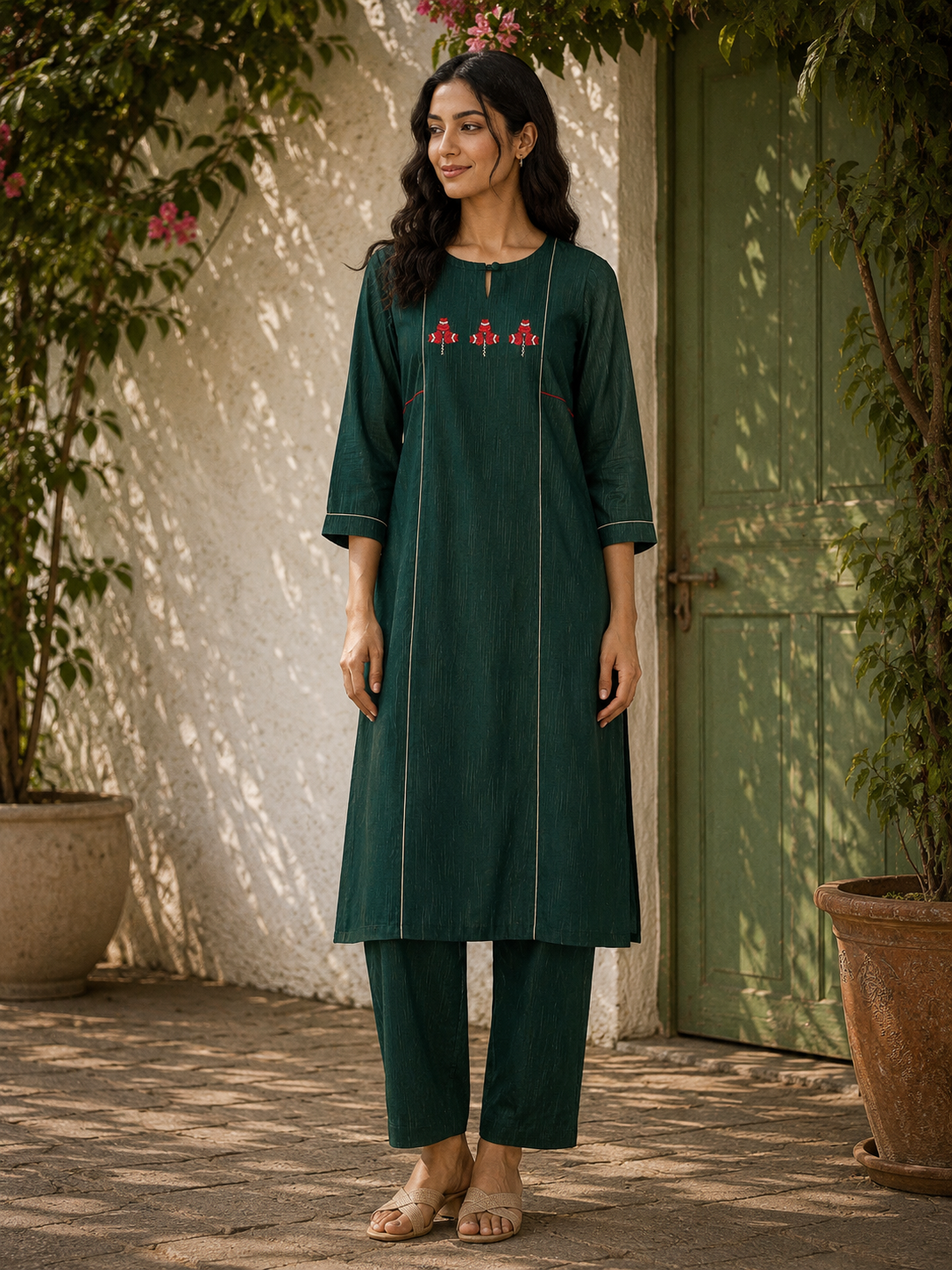 Hand-Embroidered Phulkari Cotton Kurta with Contrast Piping - Green