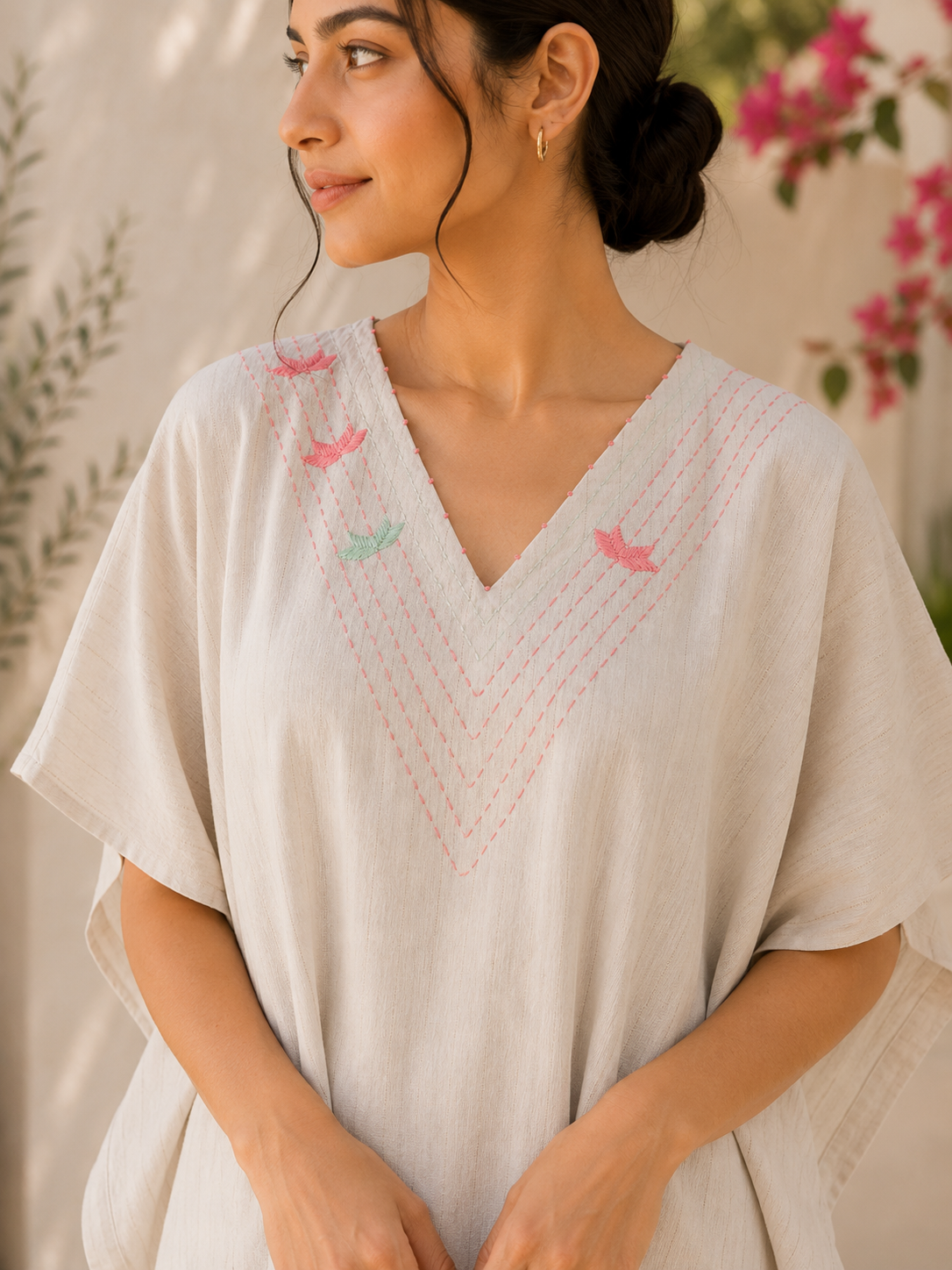 White 100% Cotton Khaddar Kaftan with Hand-Embroidered Phulkari