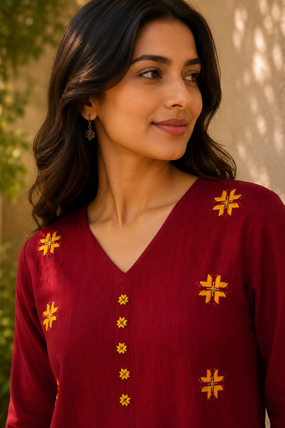 Red Hand-Embroidered Phulkari Cotton Kurta with Yellow Motifs