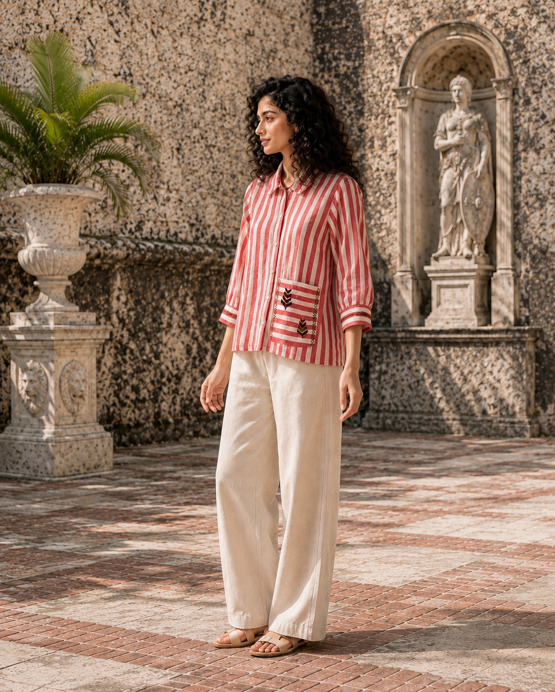 Pink Striped Cotton Khaddar Shirt with Hand-Embroidered Phulkari Pocket