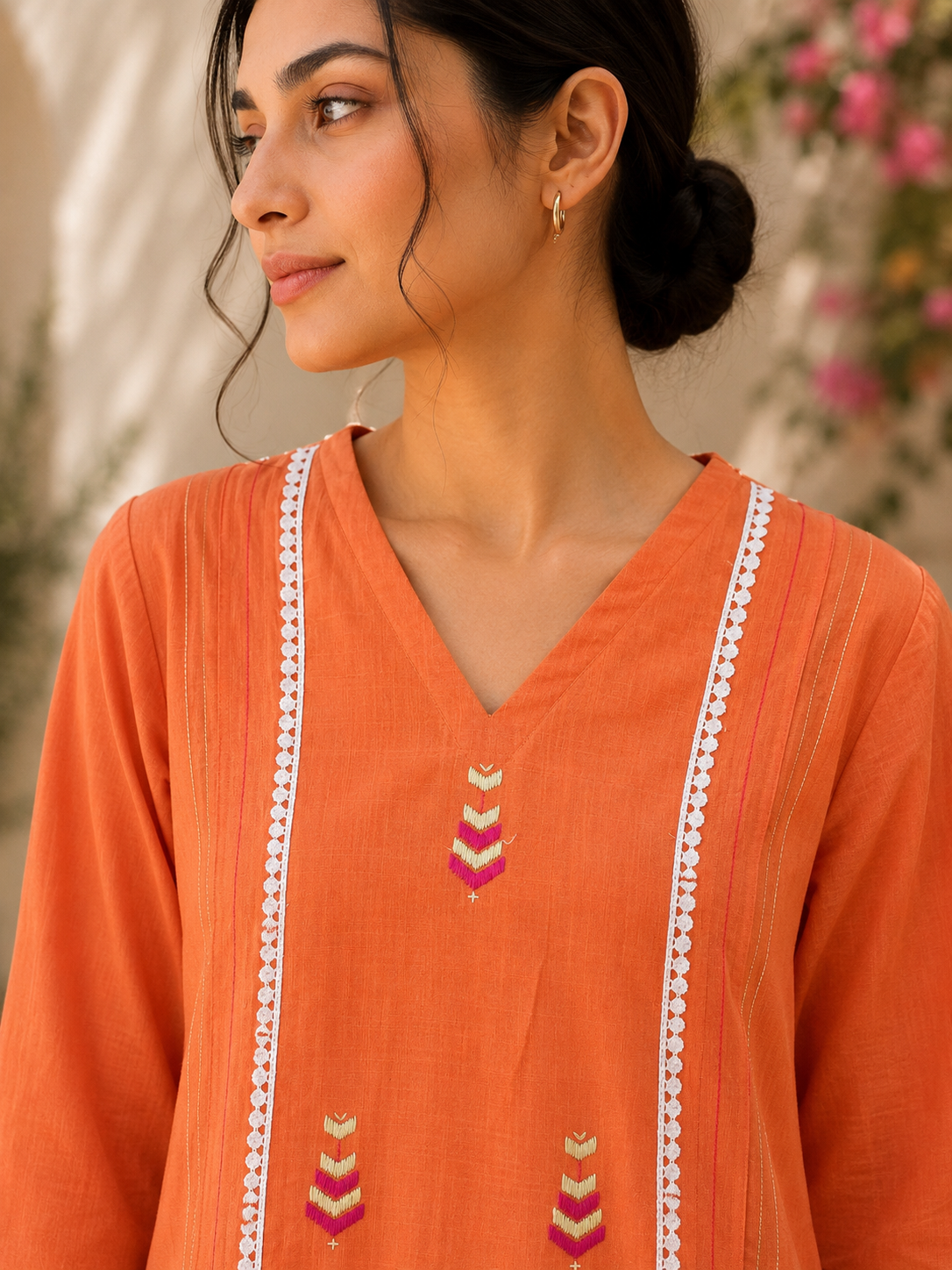 Hand-Embroidered Phulkari Khaddar Co-ord Set – Orange