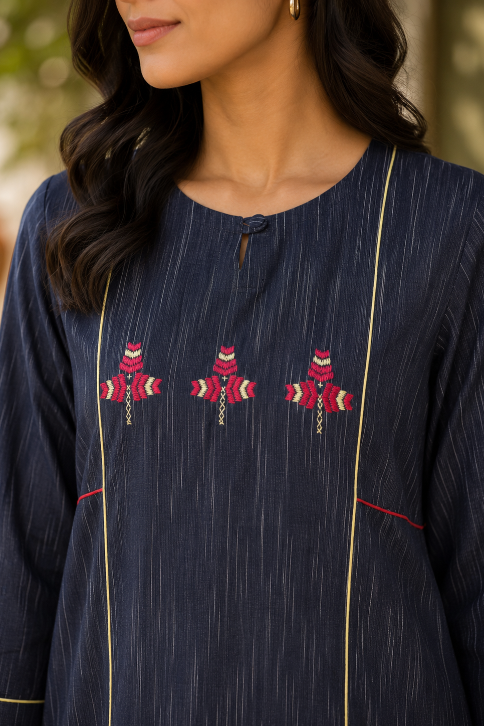 Hand-Embroidered Phulkari Cotton Kurta with Contrast Piping - Navy Blue
