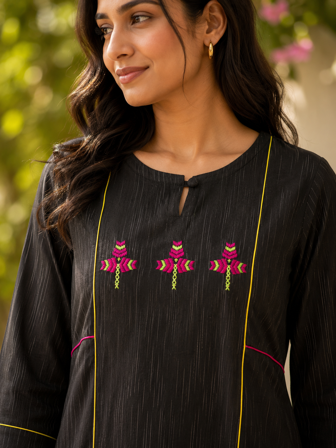 Hand-Embroidered Phulkari Cotton Kurta with Contrast Piping - Black