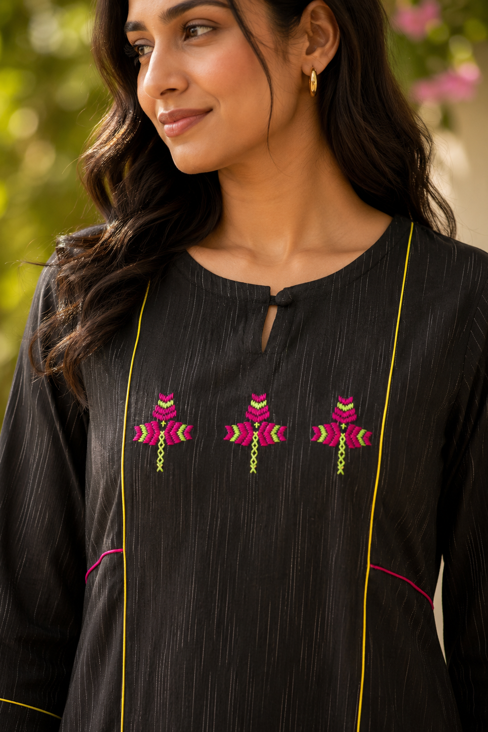 Hand-Embroidered Phulkari Cotton Kurta with Contrast Piping - Black
