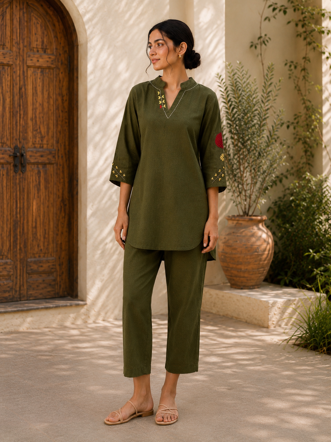 Hand-Embroidered Phulkari Motif Khaddar Co-Ord Set – Olive Green