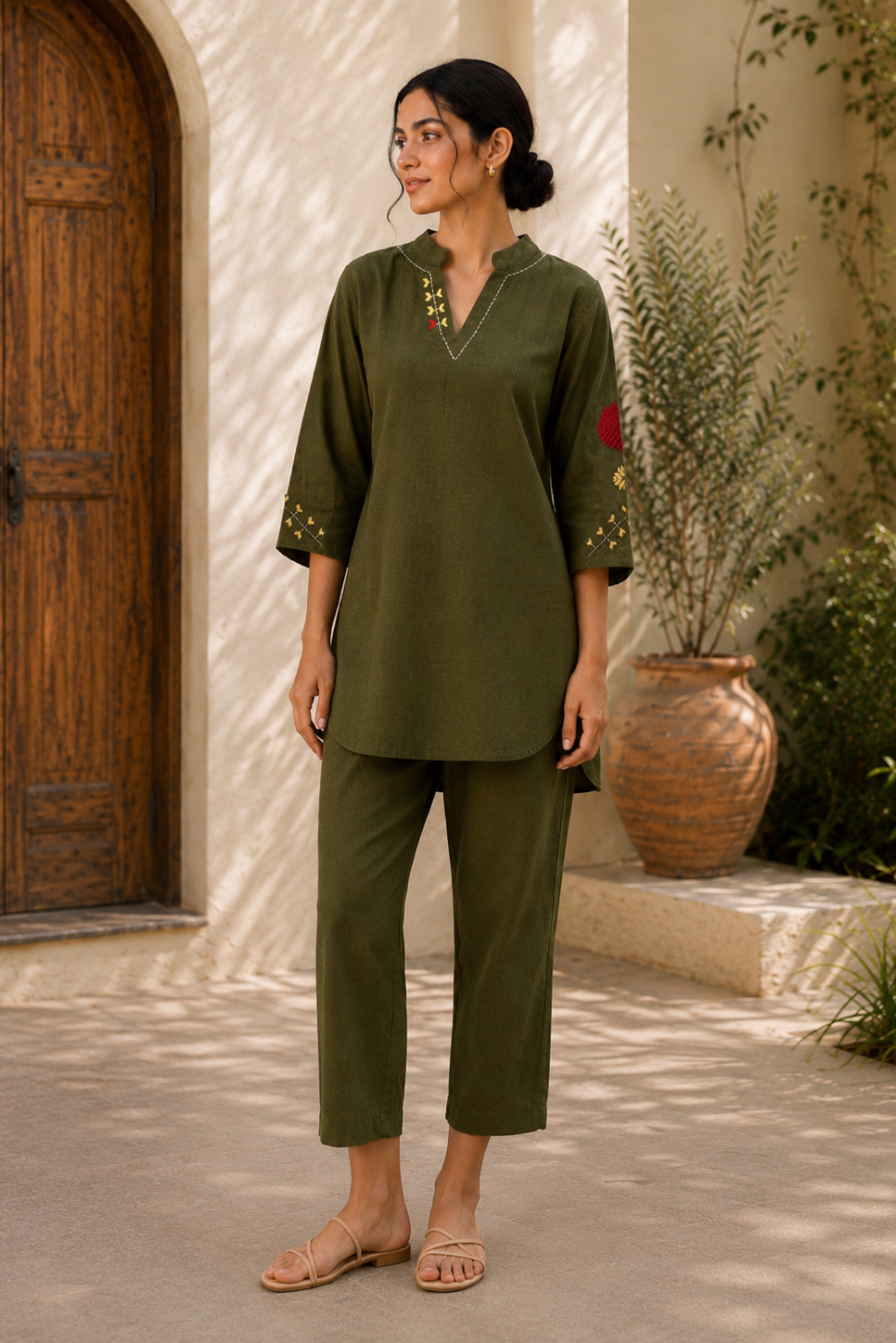Hand-Embroidered Phulkari Motif Khaddar Co-Ord Set – Olive Green
