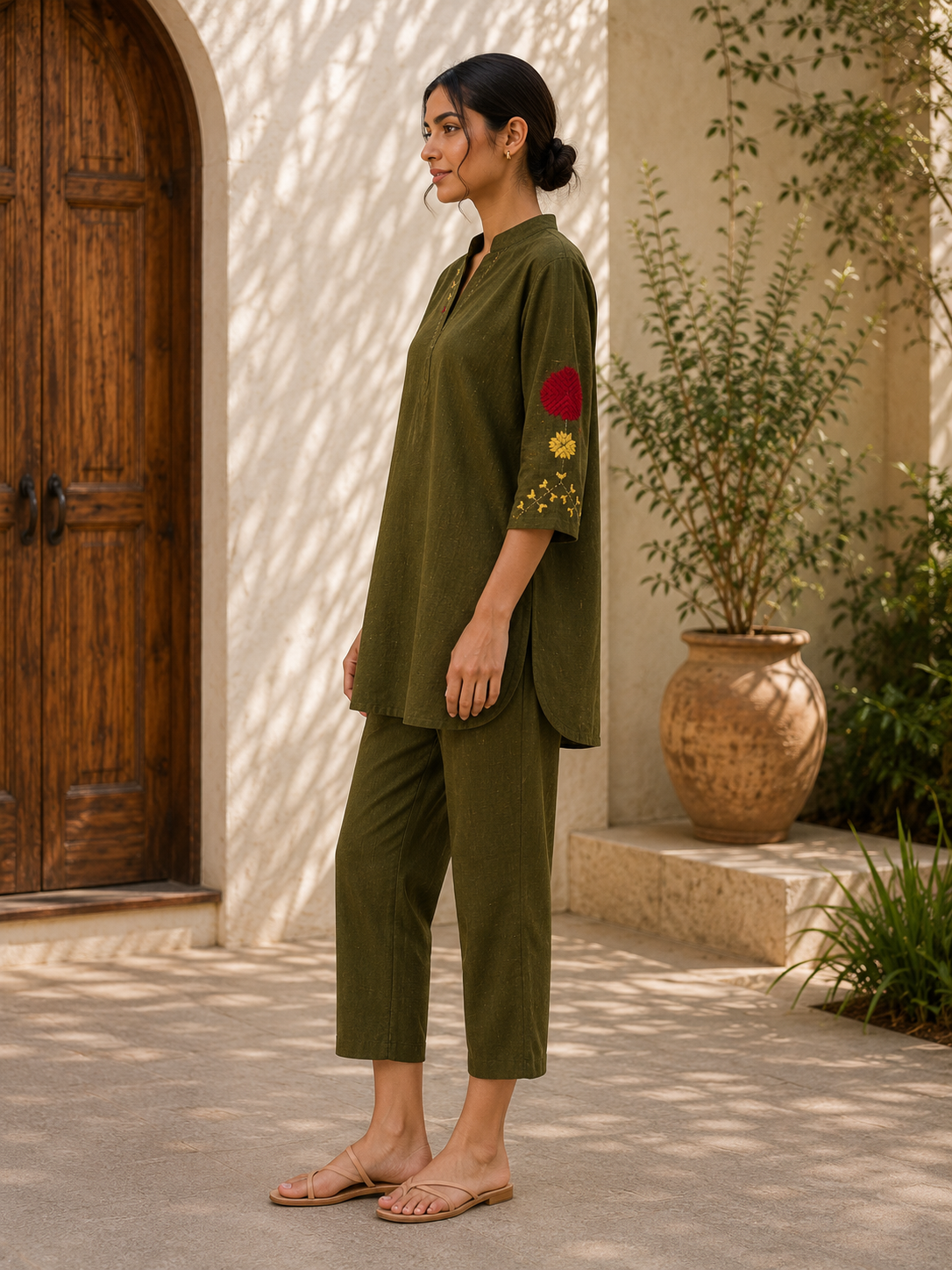 Hand-Embroidered Phulkari Motif Khaddar Co-Ord Set – Olive Green