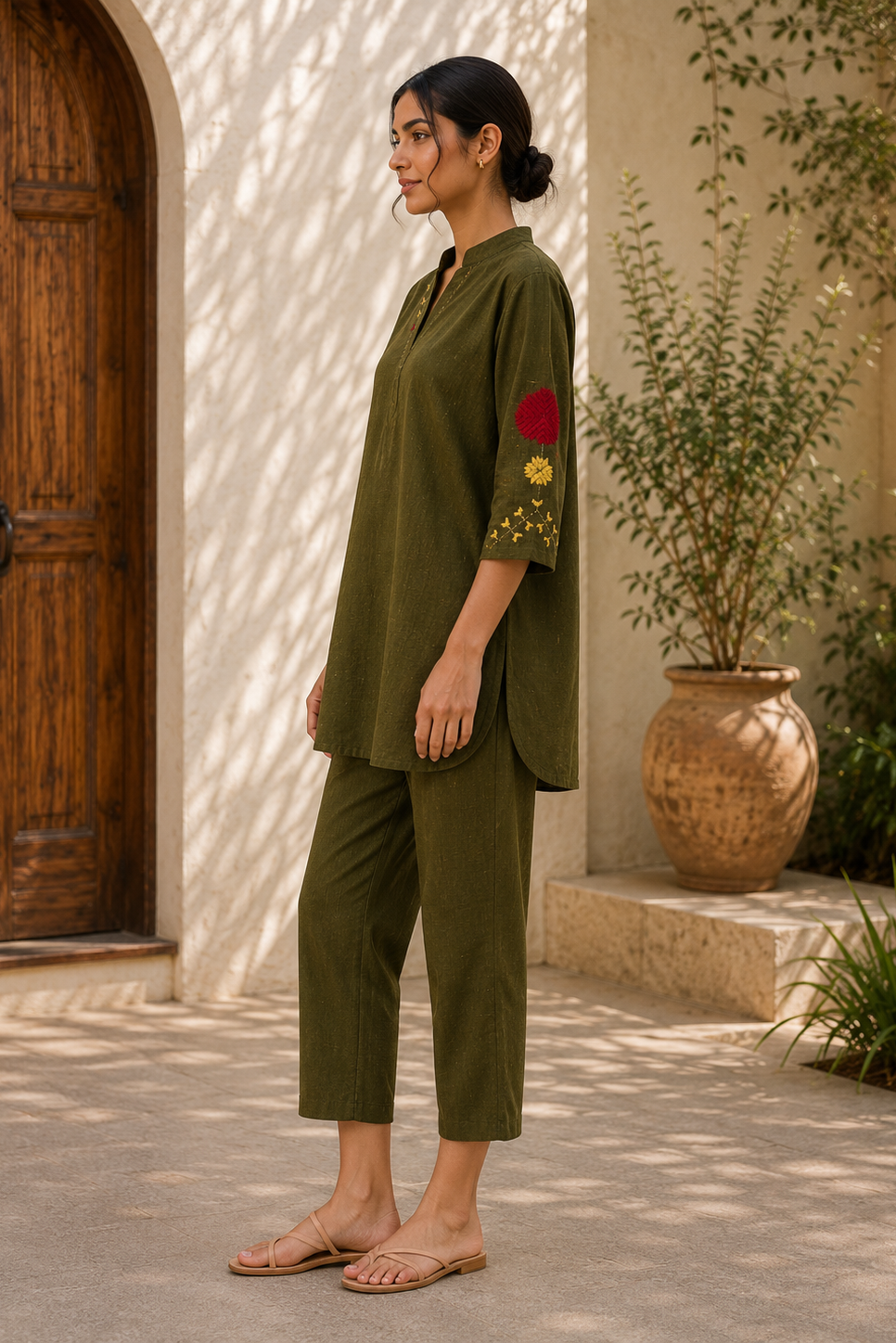 Hand-Embroidered Phulkari Motif Khaddar Co-Ord Set – Olive Green