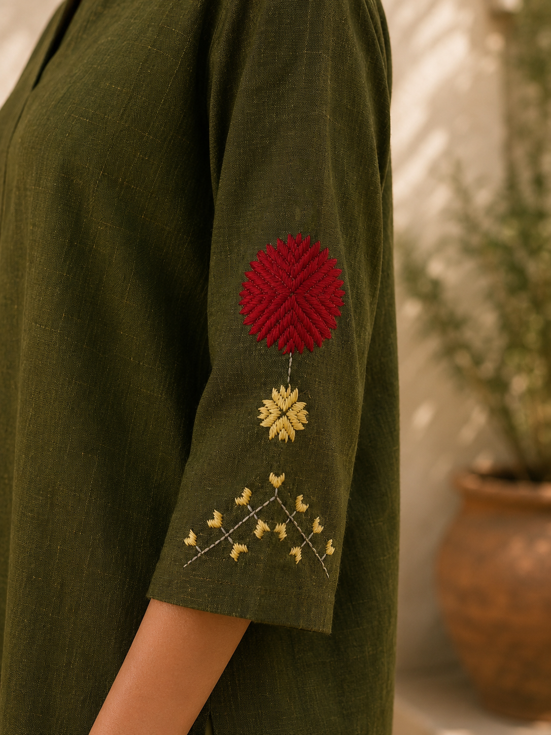 Hand-Embroidered Phulkari Motif Khaddar Co-Ord Set – Olive Green