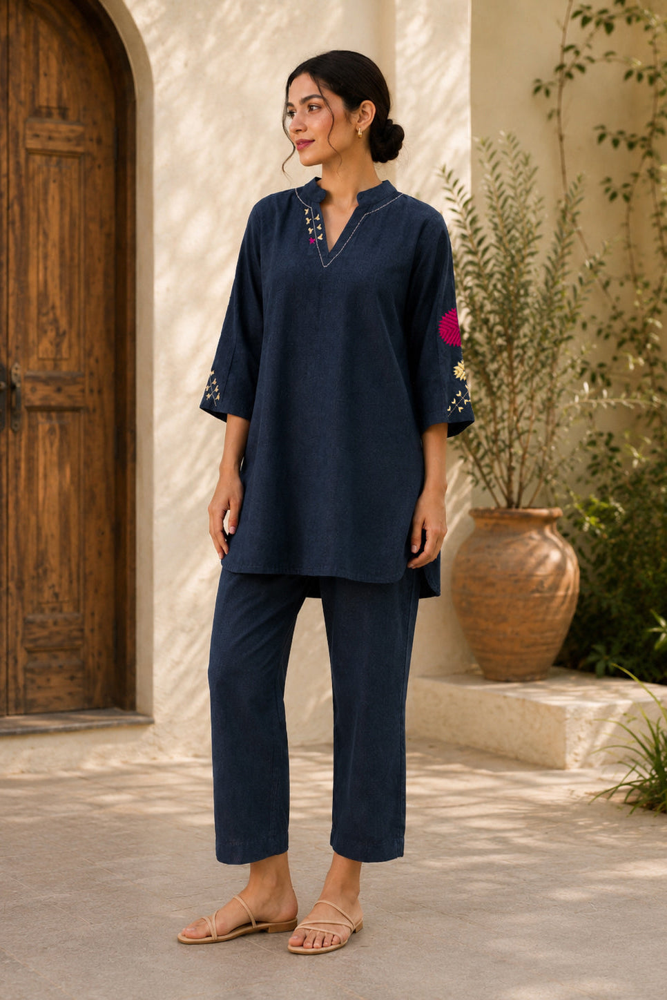 Hand-Embroidered Phulkari Motif Khaddar Co-Ord Set – Indigo