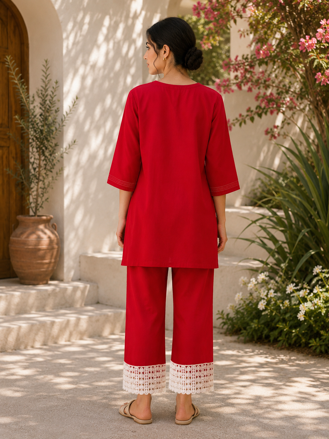 Hand-Embroidered Phulkari Khaddar Co-ord Set – Pink Red