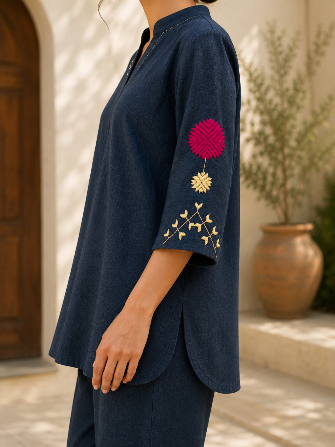 Hand-Embroidered Phulkari Motif Khaddar Co-Ord Set – Indigo