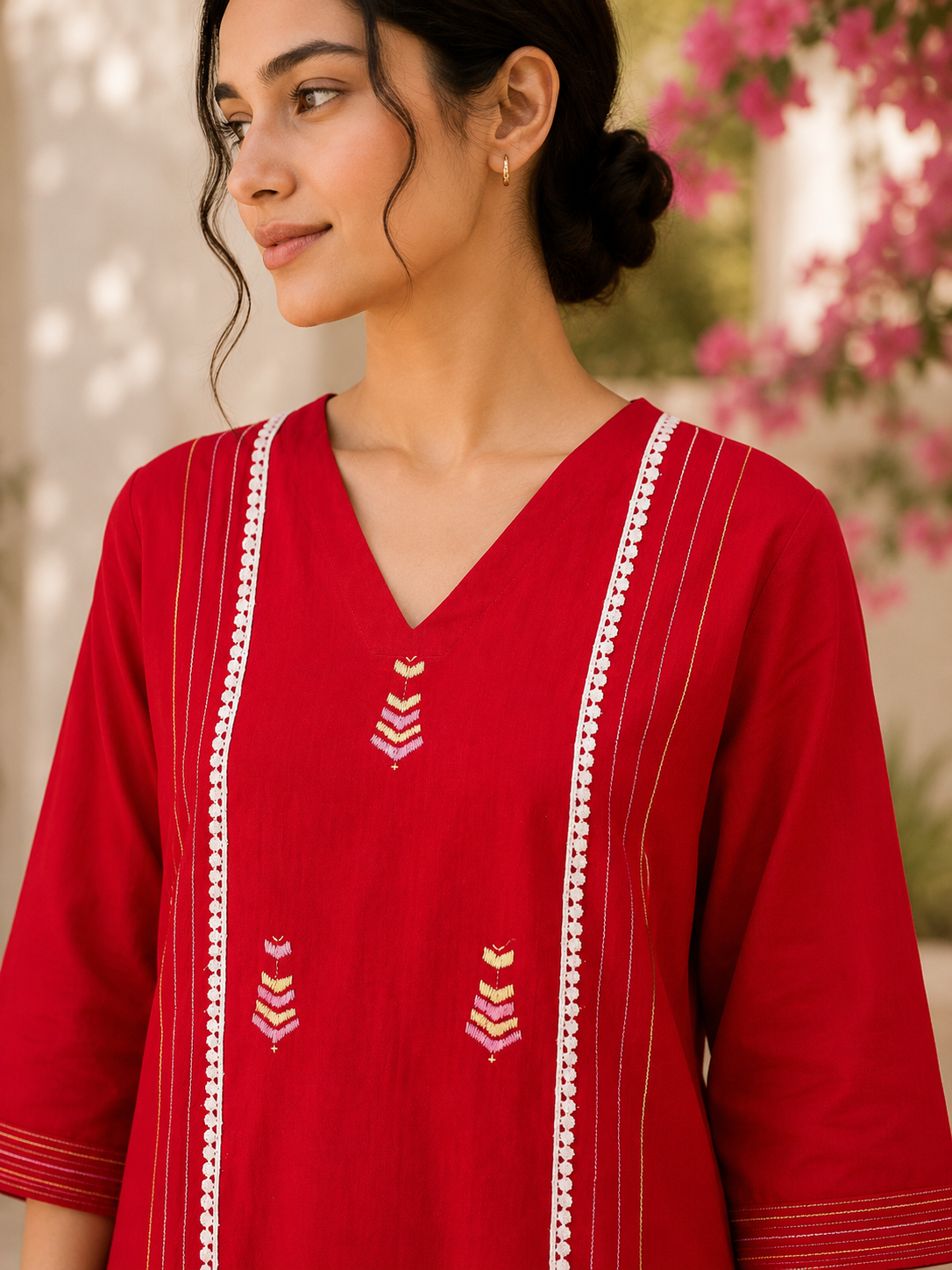 Hand-Embroidered Phulkari Khaddar Co-ord Set – Pink Red