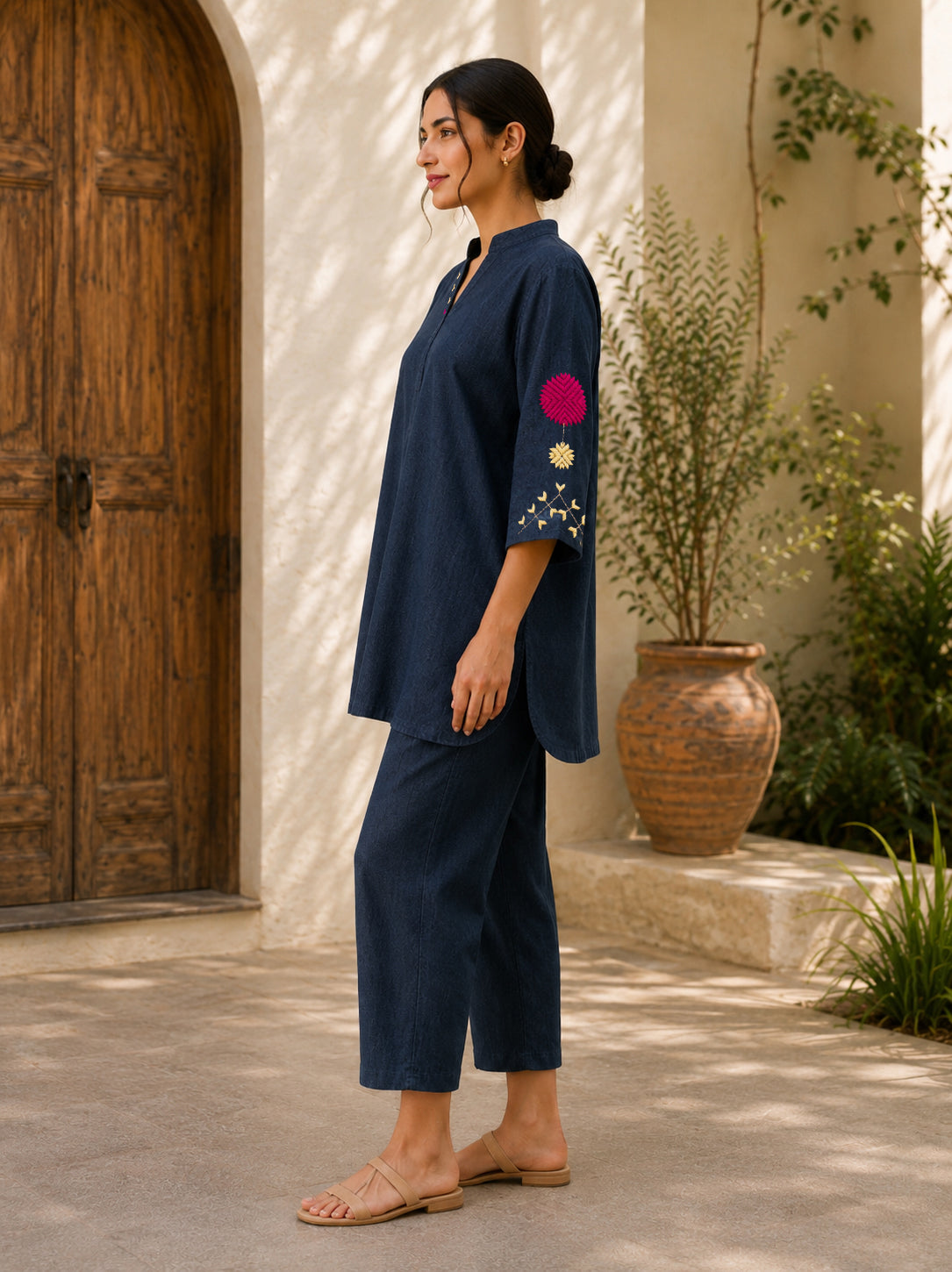 Hand-Embroidered Phulkari Motif Khaddar Co-Ord Set – Indigo