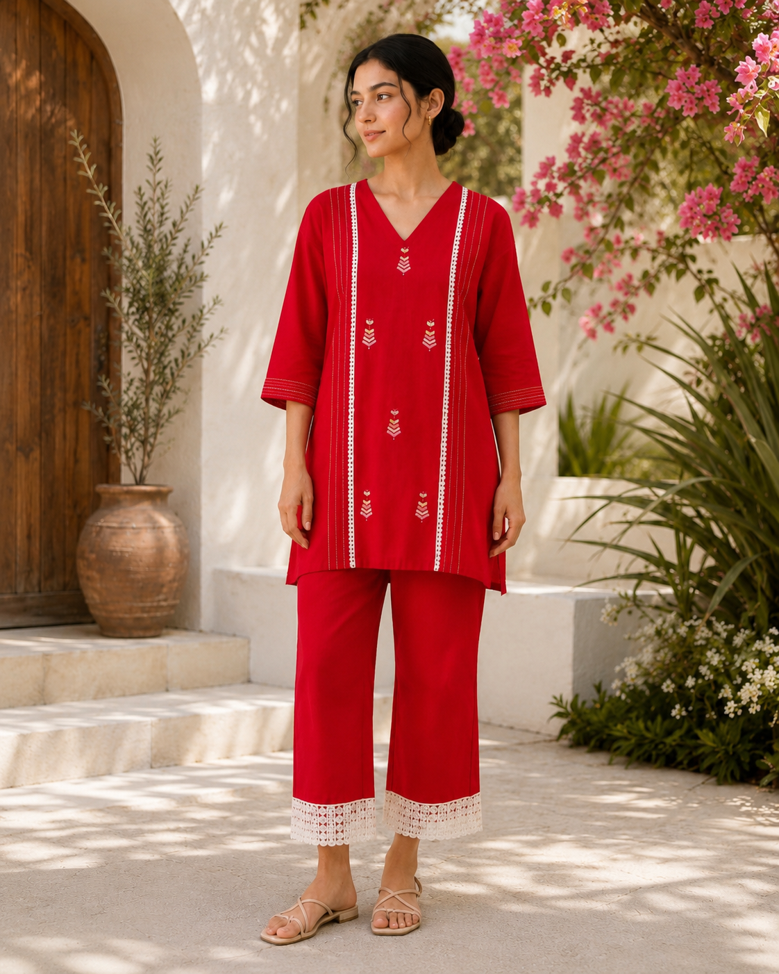 Hand-Embroidered Phulkari Khaddar Co-ord Set – Pink Red