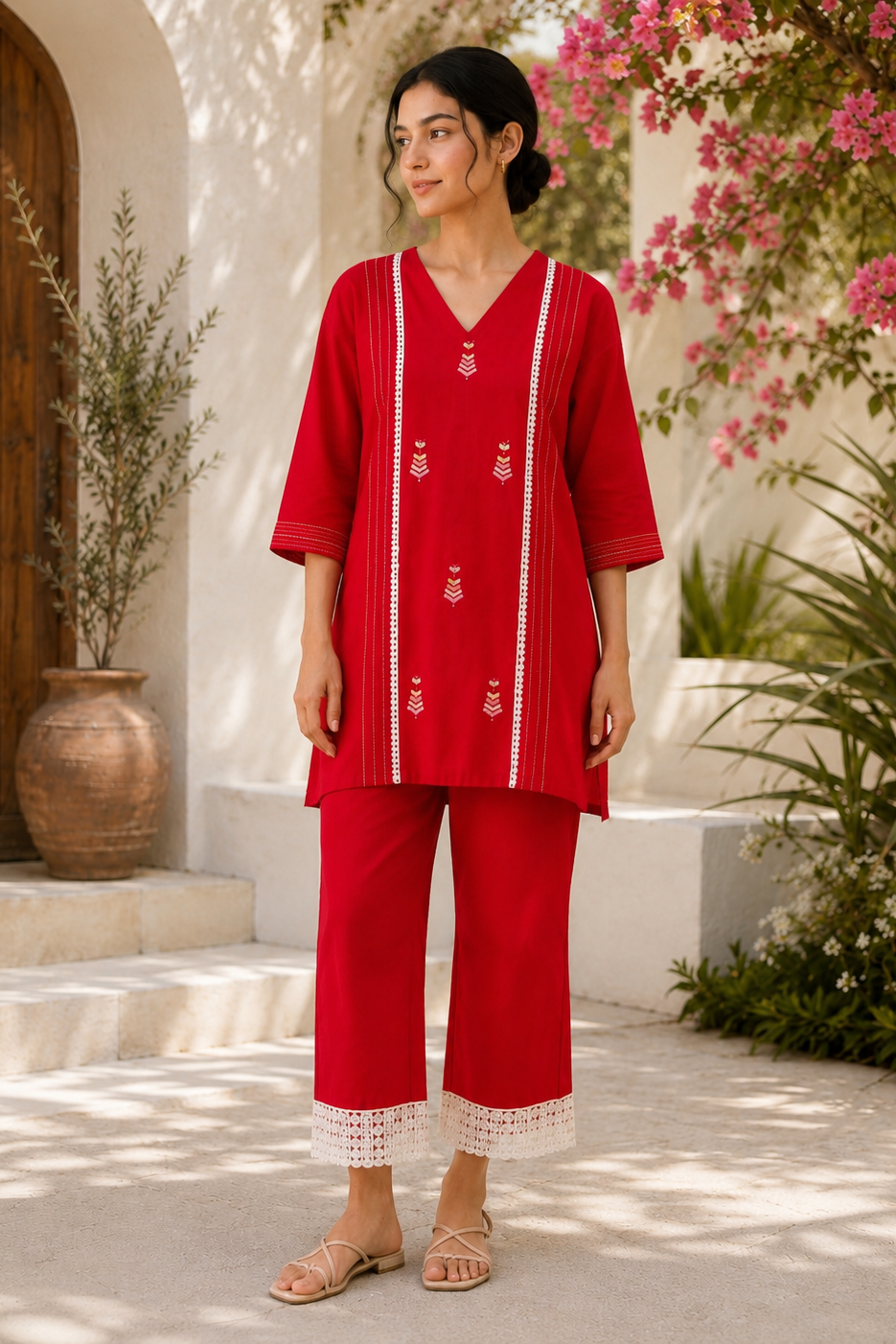 Pinkish Red Hand-Embroidered Phulkari Khaddar Co-ord Set
