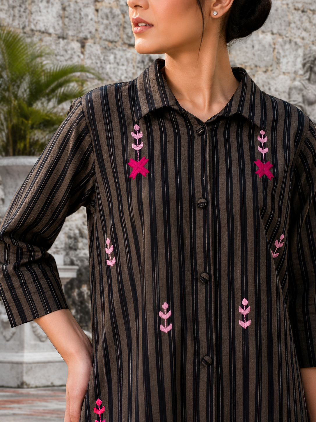 Black Cotton Dobby Shirt with Phulkari Embroidery
