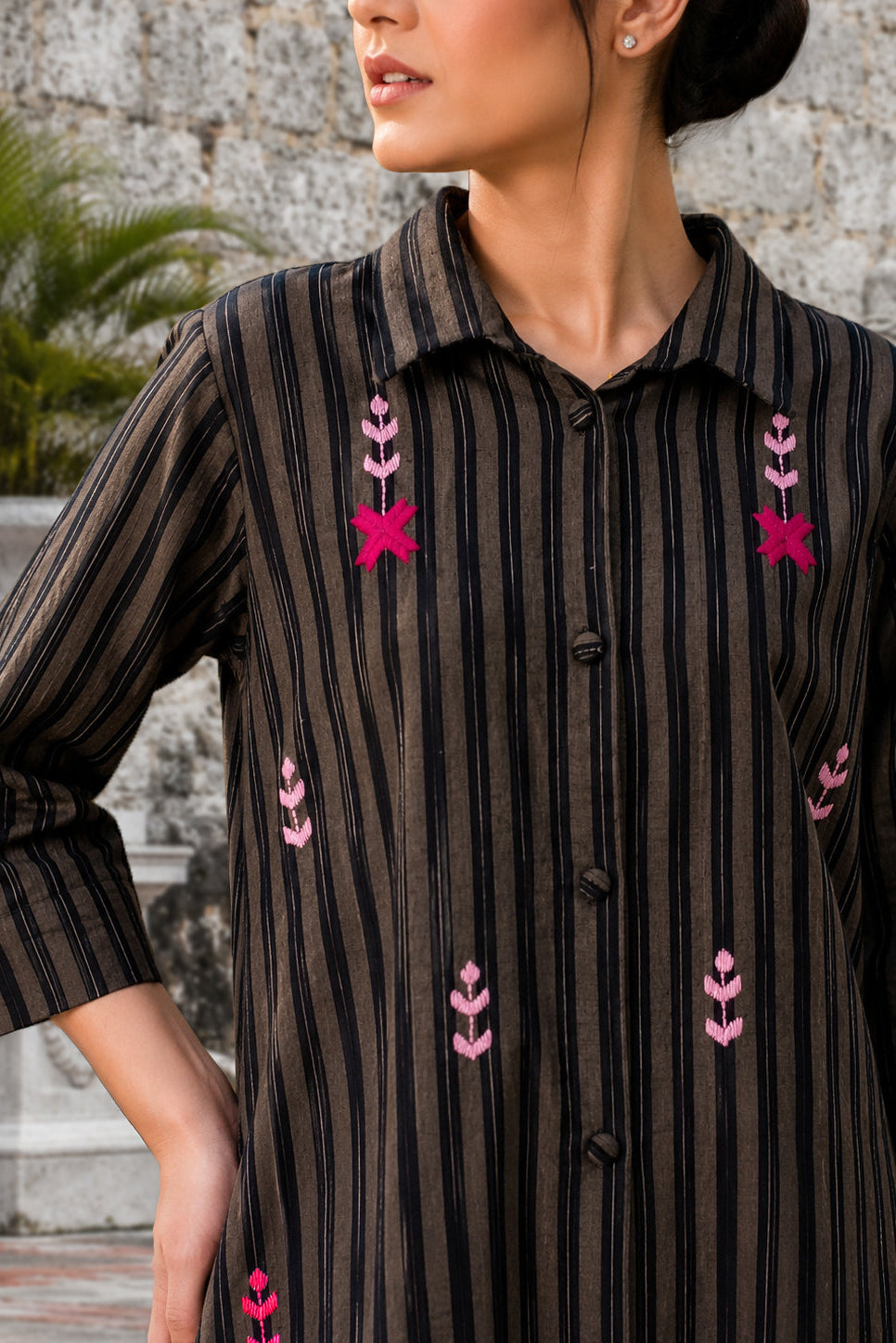 Black Cotton Dobby Shirt with Hand-Embroidered Phulkari