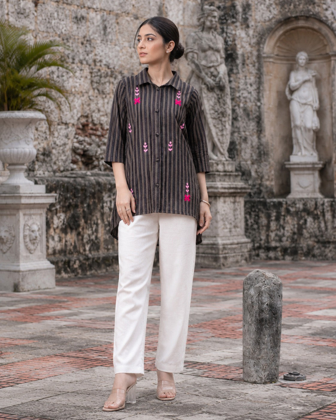 Black Cotton Dobby Shirt with Phulkari Embroidery