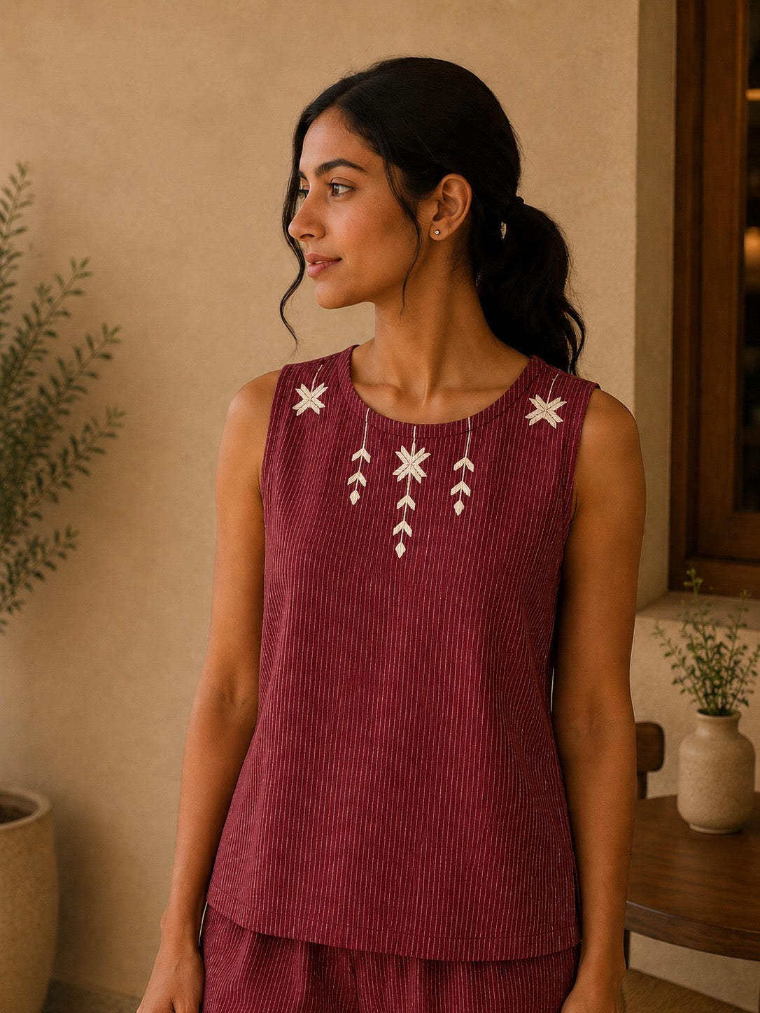 Red Stripe Khadi Cotton Co-ord Set with Phulkari Embroidery