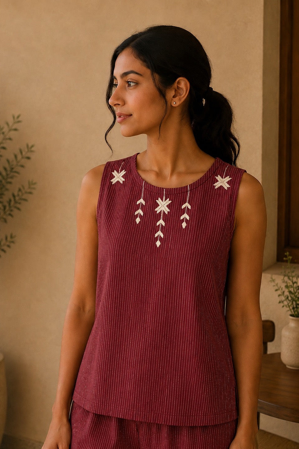 Red Stripe Khaddar Cotton Co-ord Set with Phulkari Embroidery