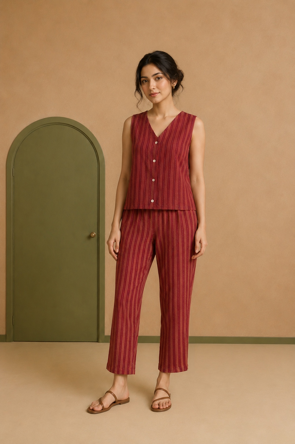 Red Cotton Dobby Co-ord Set
