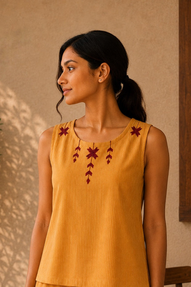 Yellow Stripe Khaddar Cotton Co-ord Set with Phulkari Embroidery
