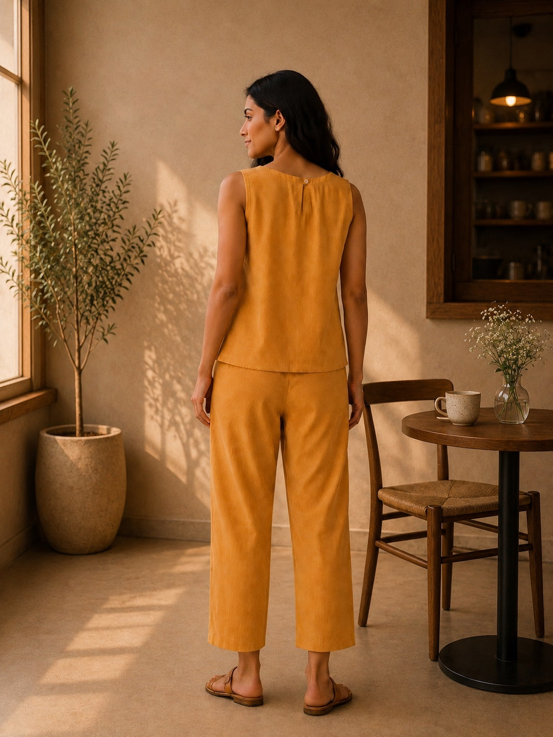 Yellow Stripe Khaddar Cotton Co-ord Set with Phulkari Embroidery