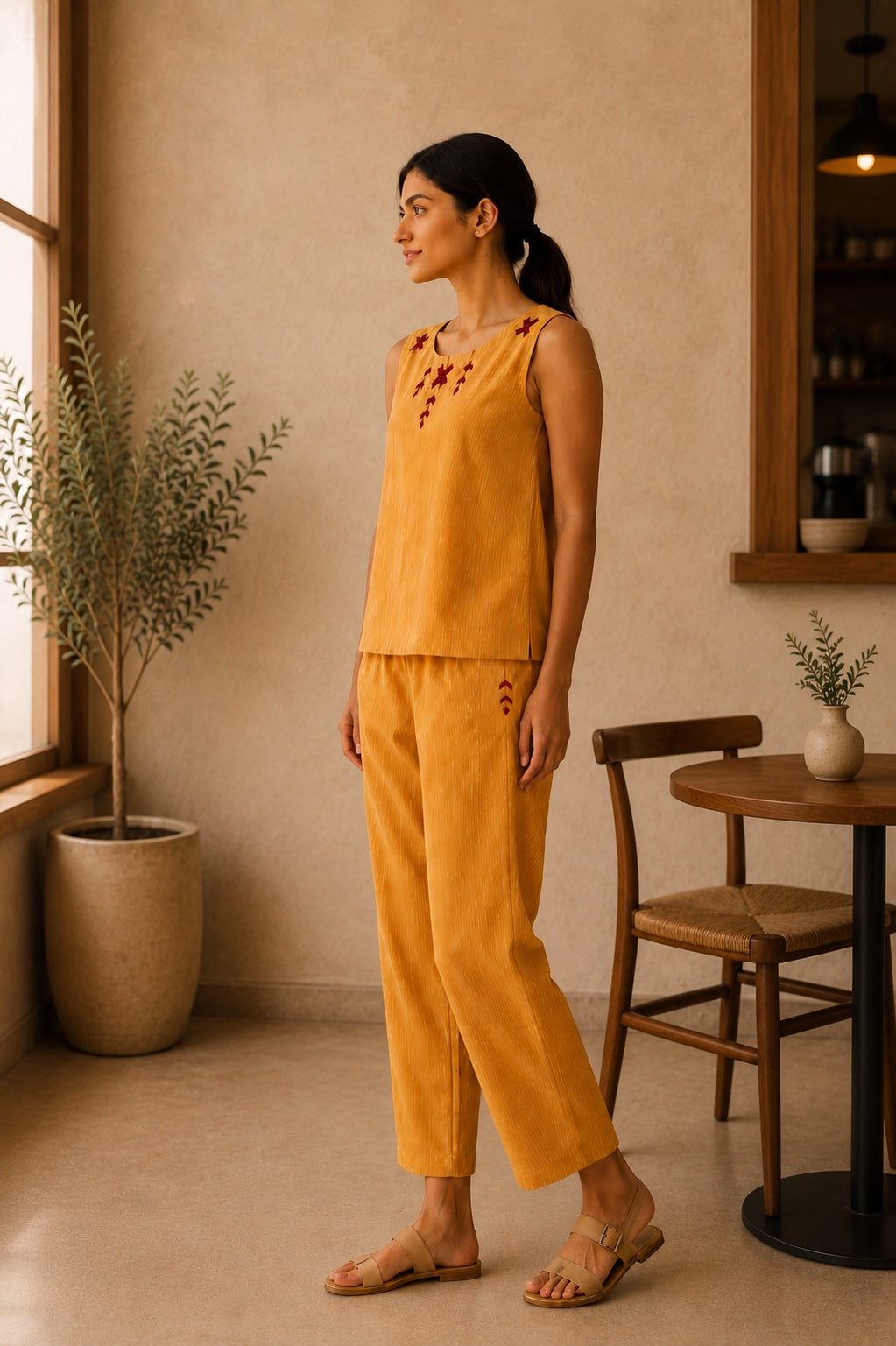 Yellow Stripe Khaddar Cotton Co-ord Set with Phulkari Embroidery