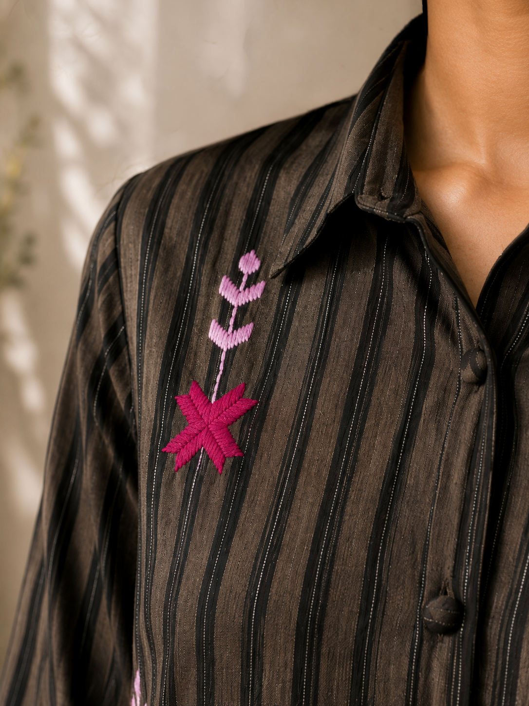 Black Cotton Dobby Shirt with Phulkari Embroidery