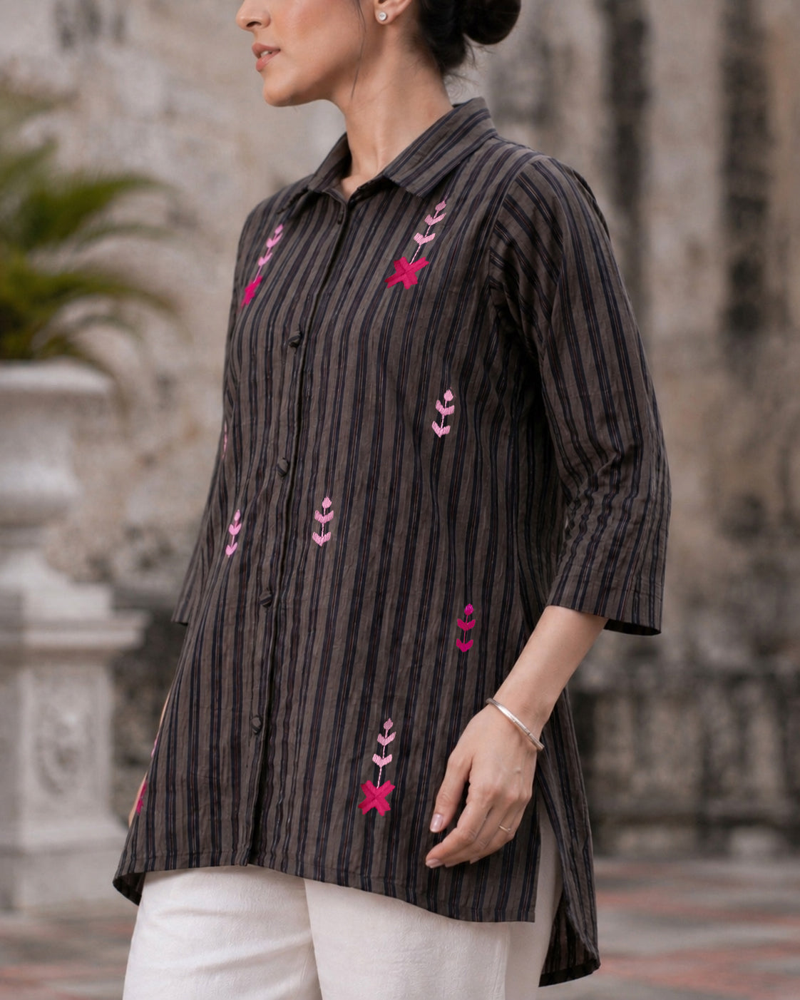 Black Cotton Dobby Shirt with Phulkari Embroidery