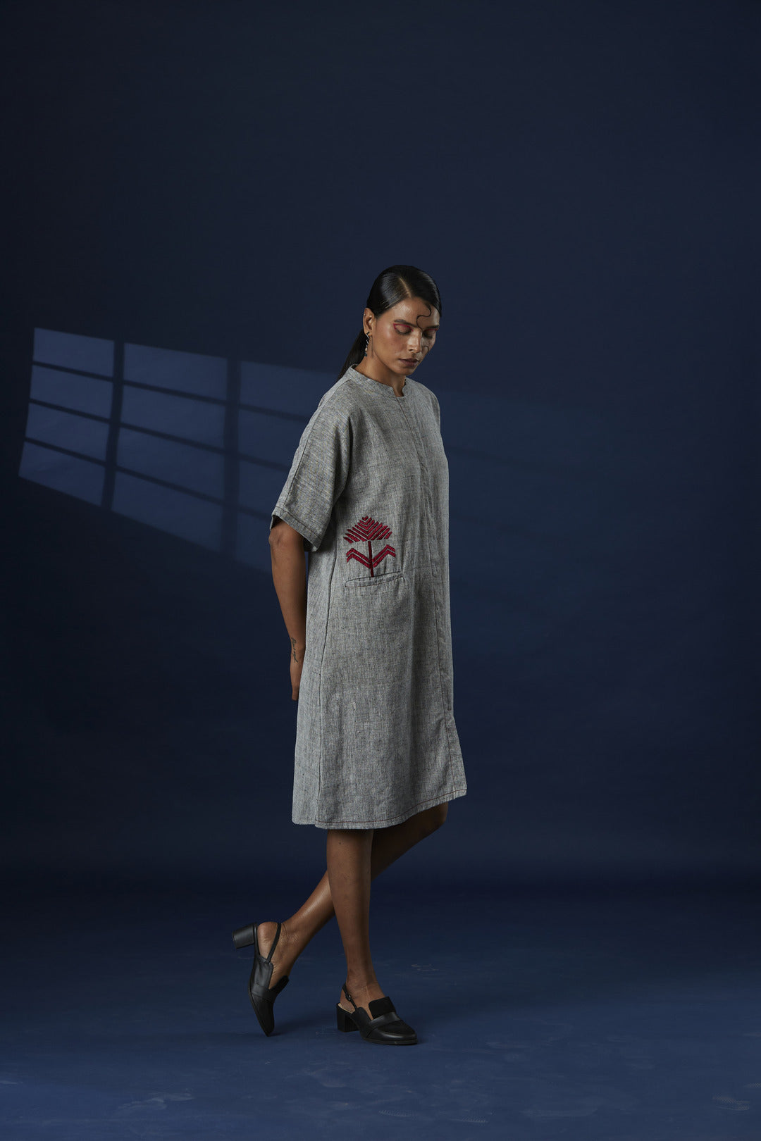 Hand-Embroidered Khadi Cotton Dress - Grey