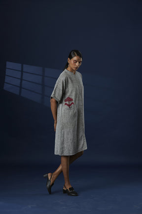 Hand-Embroidered khaddar Cotton Dress - Grey